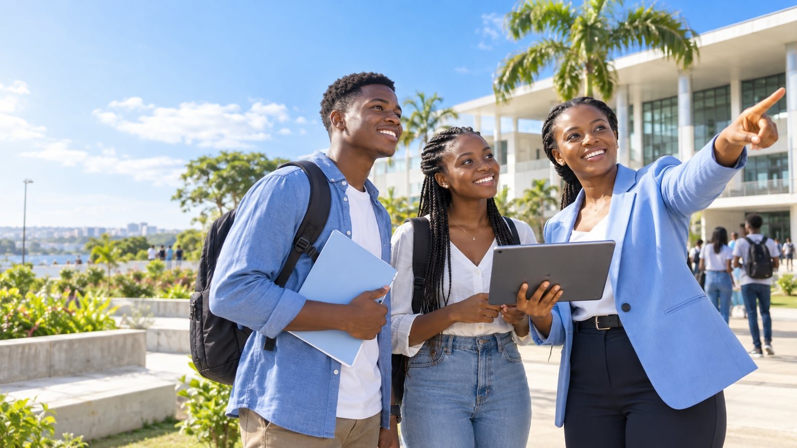 Illustration générée : De jeunes bacheliers congolais préparent leur orientation universitaire avec une conseillère et une tablette.