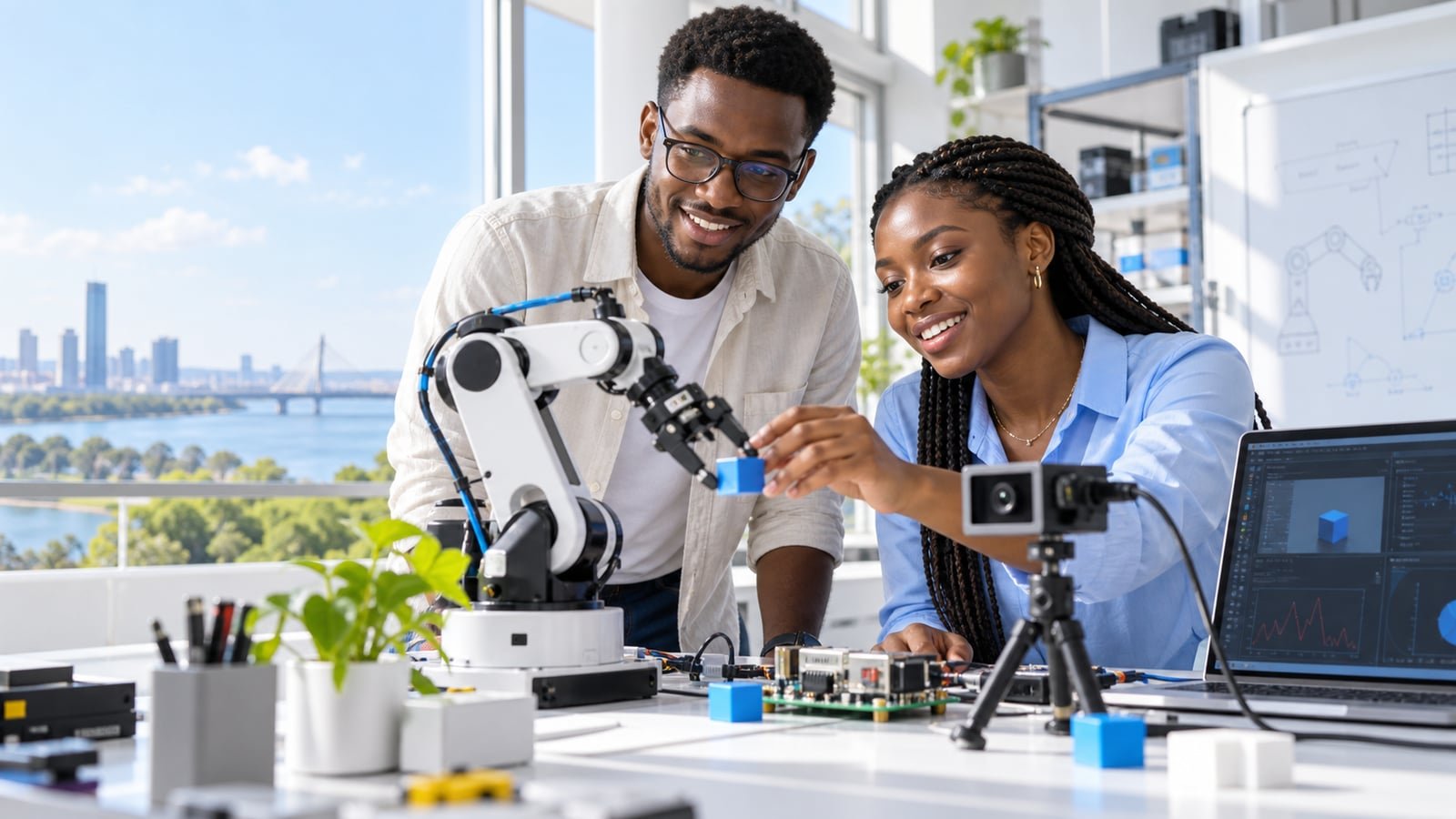 Illustration générée : Deux jeunes ingénieurs congolais expérimentent un bras robotisé et un système de vision artificielle.